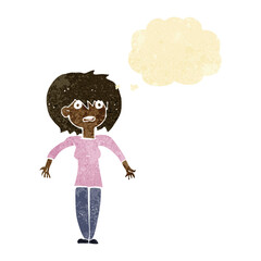 cartoon woman shrugging shoulders with thought bubble