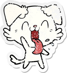 distressed sticker of a cartoon panting dog waving