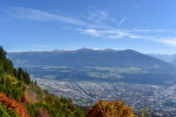 Autumn mountain landscape. Beautiful forest road in autumn mountain landscape