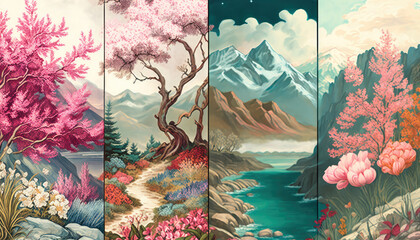 Spring Landscapes wallpaper, Vivid watercolor illustration, generative ai