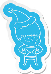 nervous cartoon  sticker of a boy wearing santa hat