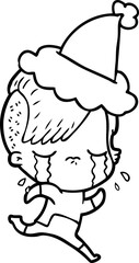 line drawing of a crying girl wearing space clothes wearing santa hat