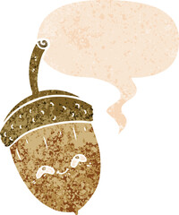 cartoon acorn and speech bubble in retro textured style