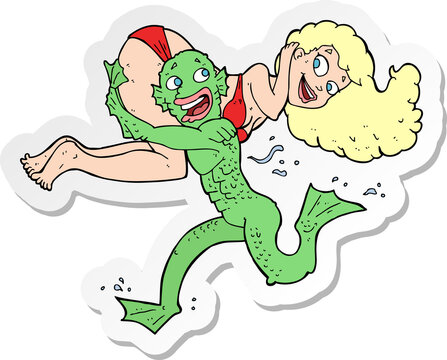 sticker of a cartoon swamp monster carrying girl in bikini