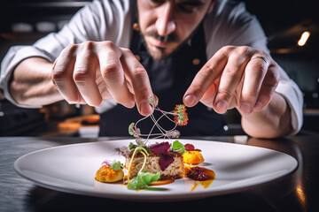 Chef garnishing exquisite plate of food