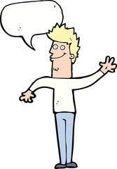 cartoon happy waving man with speech bubble