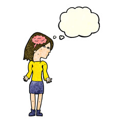cartoon clever woman shrugging shoulders with thought bubble