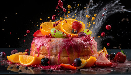 Fototapeta na wymiar Dessert with fresh fruits and caramel drops