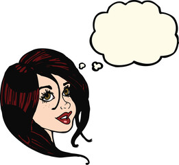 cartoon pretty female face with thought bubble