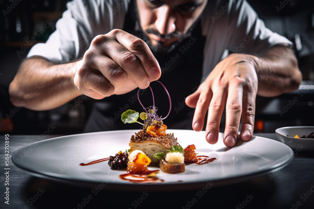 Wall mural chef garnishing exquisite plate of food. high cuisine