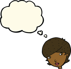 cartoon friendly woman with thought bubble