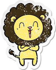 distressed sticker of a laughing lion cartoon