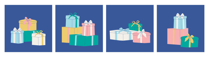 Set of compositions of various gift boxes with bows. Vector flat isolated illustration for design.