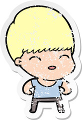 distressed sticker of a happy cartoon boy