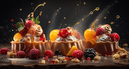Fototapeta na wymiar Close-up with drops of organic honey flying over a fresh fruit dessert