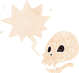 cartoon skull and speech bubble in retro textured style