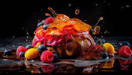 Fototapeta na wymiar Close-up with organic honey poured over a fresh fruit dessert. Defocused dark background