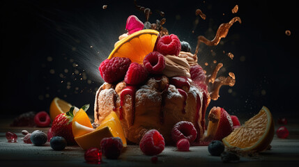 Close-up with organic honey poured over a fresh fruit dessert