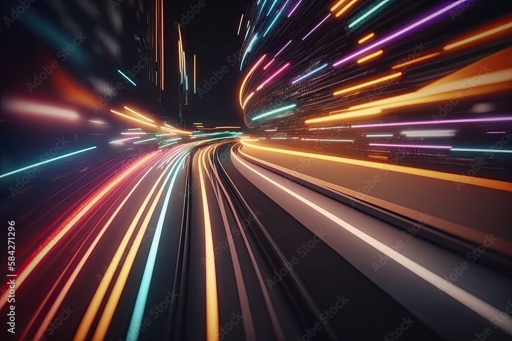 Aufkleber high speed data neon moving fast into smart city. technology background. generative ai