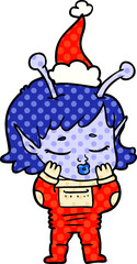 comic book style illustration of a alien girl wearing santa hat