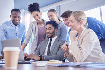 Business people, laptop and team support in meeting for collaboration, planning or strategy at office. Group of diverse employee workers sharing idea in teamwork on computer for schedule project plan