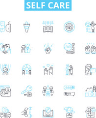 Self Care vector line icons set. Wellness, Hygiene, Exercise, Mindfulness, Meditation, Sleep, Nutrition illustration outline concept symbols and signs