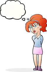 cartoon pretty girl tilting head with thought bubble