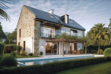 Fototapeta na wymiar Luxury stone classic updated villa with swimming pool and garden, generative ai