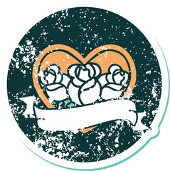 distressed sticker tattoo style icon of a heart and banner with flowers