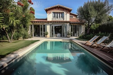 Fototapeta premium Luxury stone classic updated villa with swimming pool and garden, generative ai