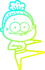 cold gradient line drawing cartoon happy old woman