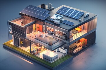 infographic of a sustainable house aerial view with exposed walls and solar panel on the roof, generative ai