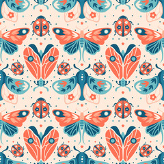 Vintage folk Seamless pattern with insects. Retro graphic with ladybug and moth. Celestial bohemian fabric, wrapping paper.