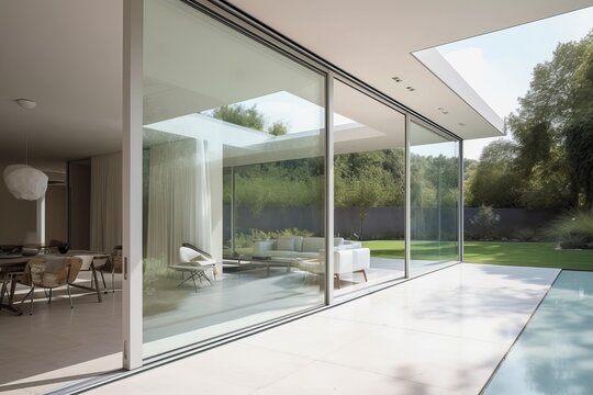 Fototapeta Modern house with sliding doors to the garden, generative ai