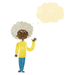 cartoon annoyed old woman waving with thought bubble
