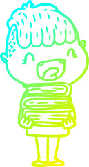 cold gradient line drawing cartoon happy boy with new books
