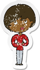 retro distressed sticker of a cartoon woman making Who Me gesture