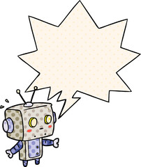 cute cartoon surprised robot and speech bubble in comic book style