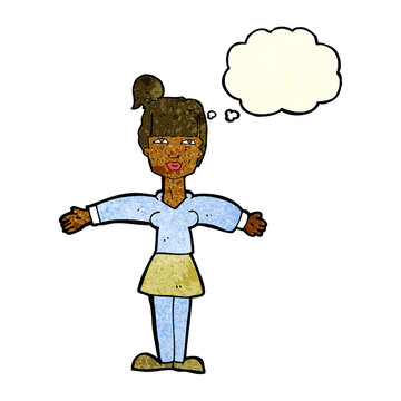 recommend clip art: cartoon woman shrugging shoulders with thought bubble