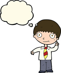 cartoon school boy with idea with thought bubble