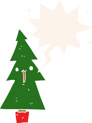 cartoon christmas tree and speech bubble in retro style