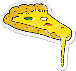 distressed sticker of a cartoon slice of pizza