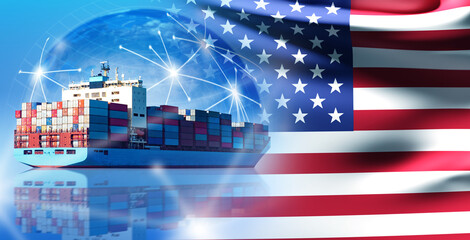 International shipping. Ship with USA flag. Sending goods from US across ocean. Metaphor of international logistics. American marine logistics companies. Transportation by ships from USA. 3d image © Grispb