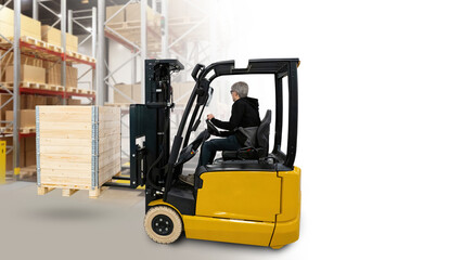 Warehouse forklift. Gray-haired man driving forklift. Storage employee moves pallet. Process of...