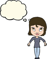 cartoon girl shrugging shoulders with thought bubble