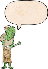 cartoon zombie and speech bubble in retro texture style