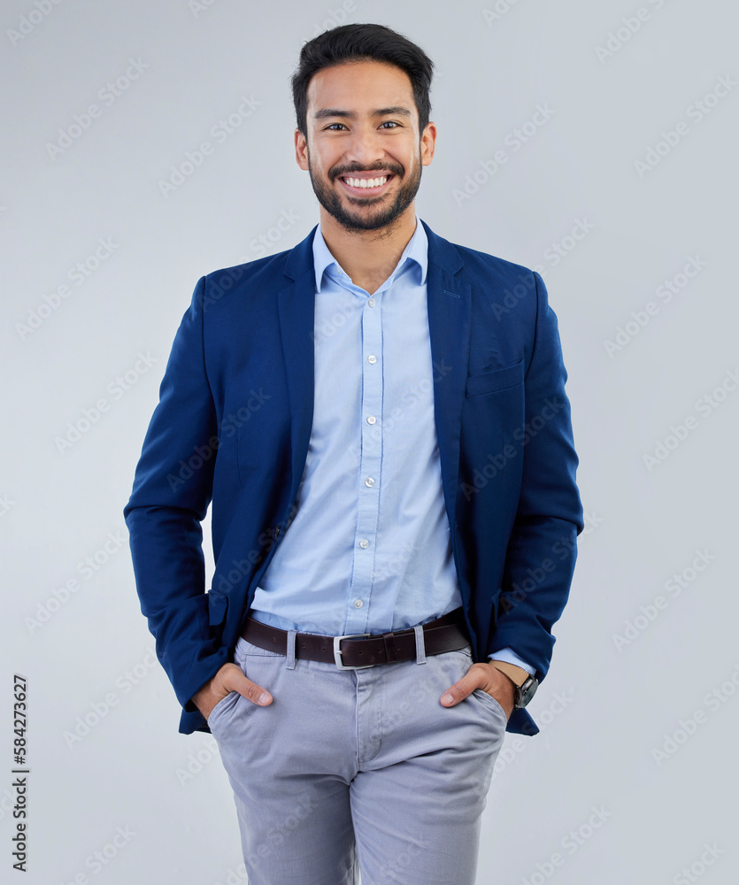 Poster Business man, smile and fashion portrait in studio as corporate worker or CEO while happy. Face of asian entrepreneur person on isolated white background with pride, success and hands in pocket