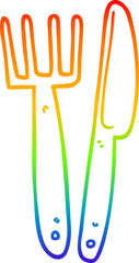 rainbow gradient line drawing cartoon plastic knife and fork