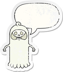 cartoon spooky skull ghost and speech bubble distressed sticker
