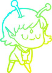 cold gradient line drawing cartoon alien girl doing muscle pose